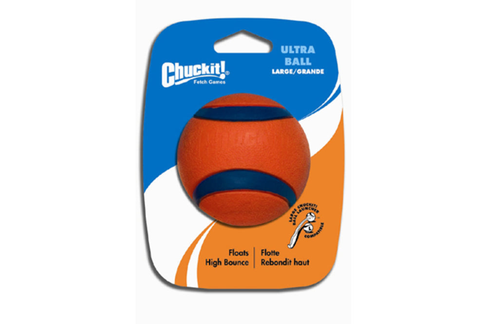Durable Chuckit! Ultra Ball for dogs, high bounce and buoyancy, perfect for fetch on land or in water.