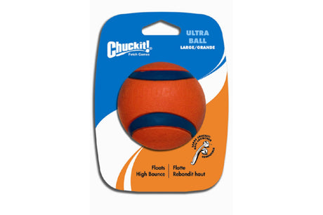 Durable Chuckit! Ultra Ball for dogs, high bounce and buoyancy, perfect for fetch on land or in water.