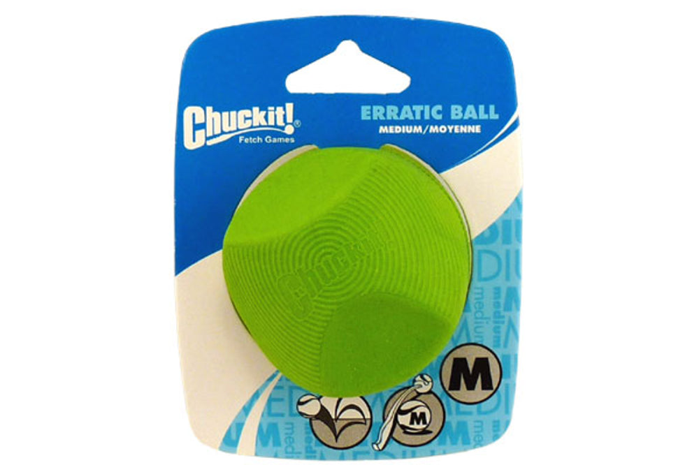 Erratic bounce medium dog toy made of natural rubber, ideal for play with Chuckit! ball launcher.