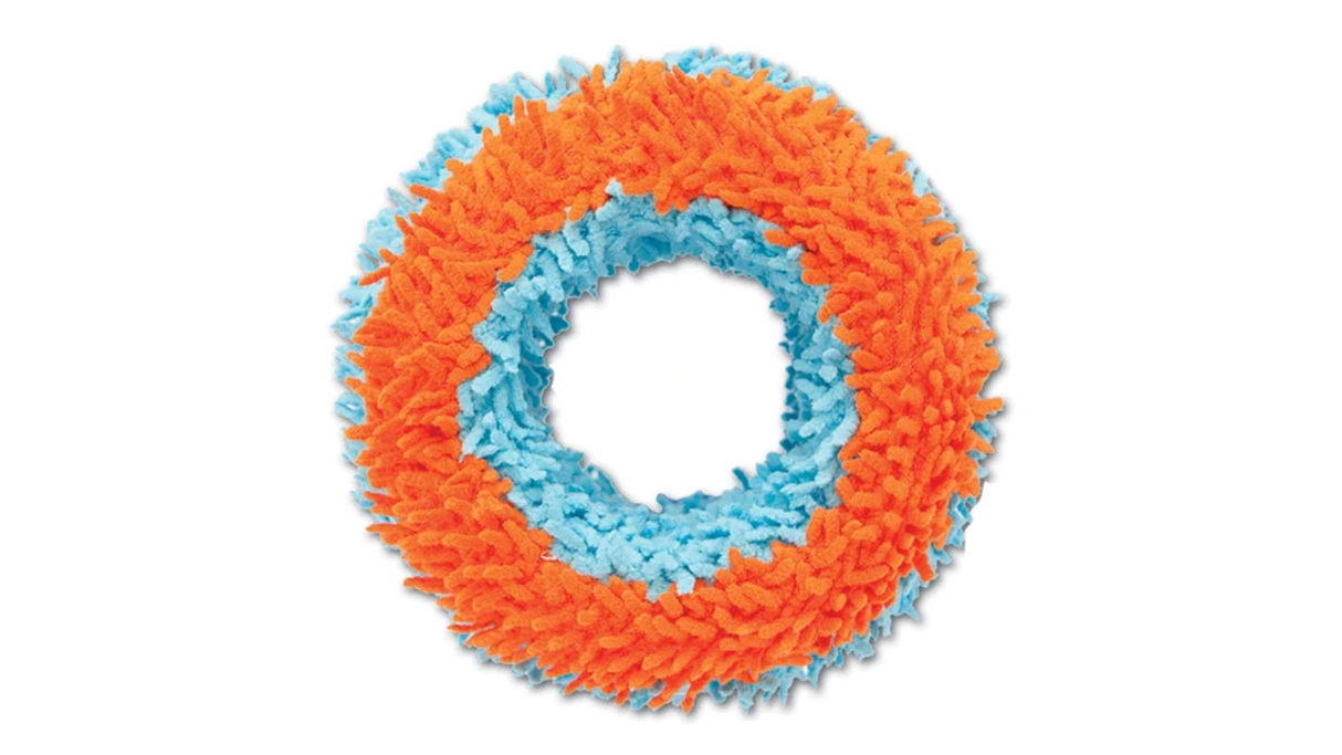 Vibrant 11.4cm indoor dog toy made of soft chenille, perfect for small dogs to enjoy fetch play safely indoors.