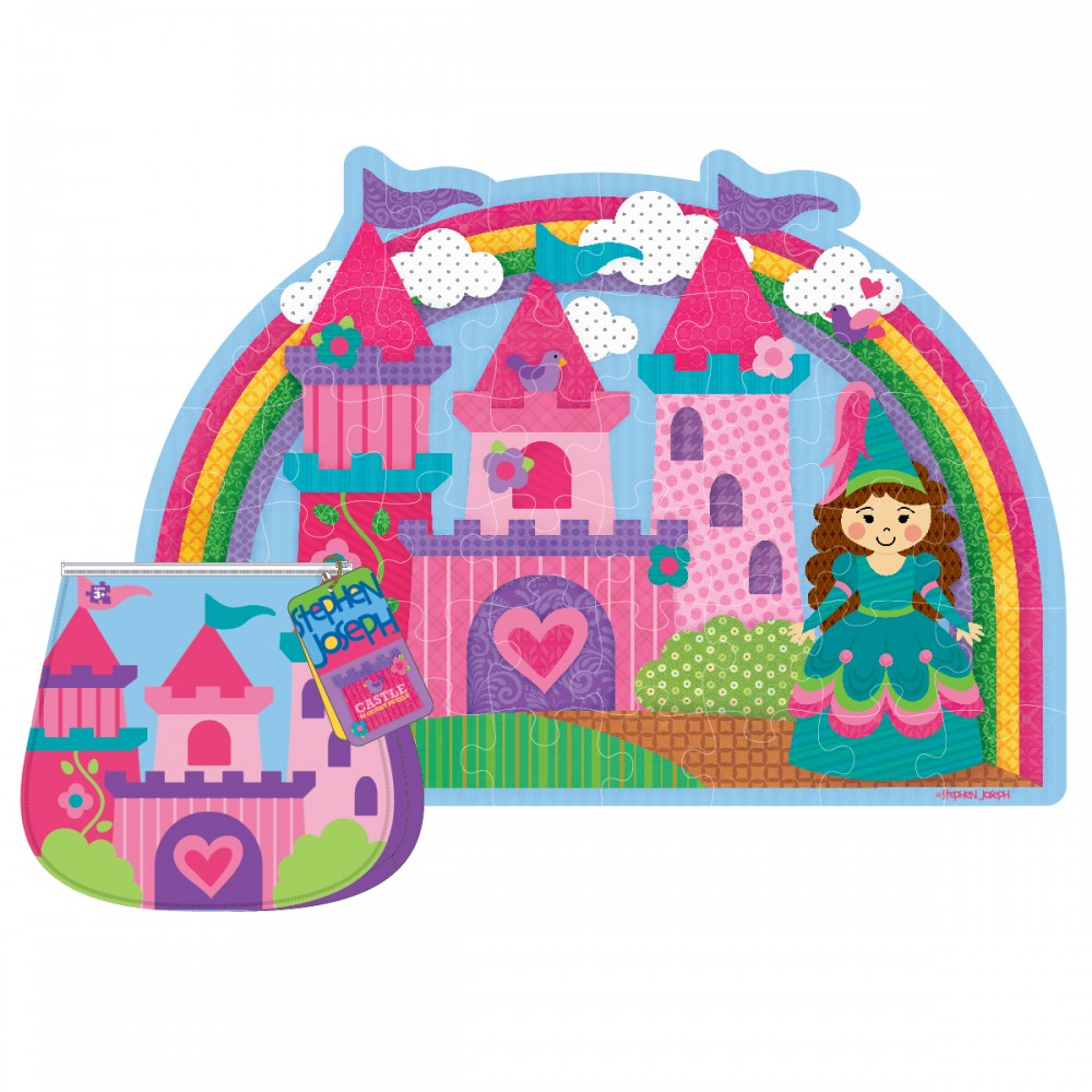 Colorful 48-piece castle puzzle for kids, featuring easy-to-identify edge pieces and a matching storage pouch.