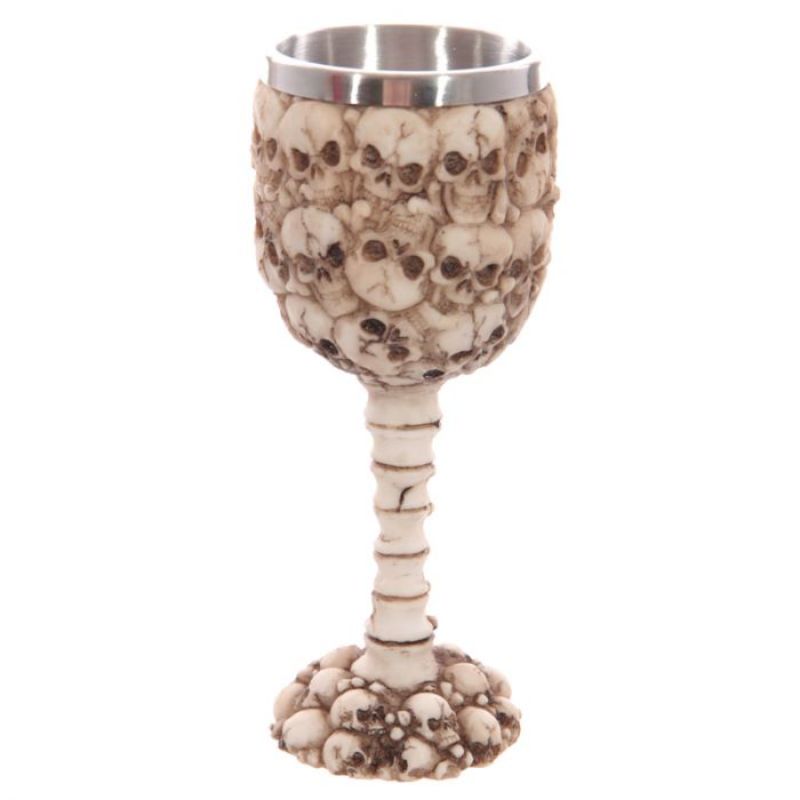 Decorative multi skull and spine goblet, 18cm tall, ideal for gothic decor and unique centerpieces.