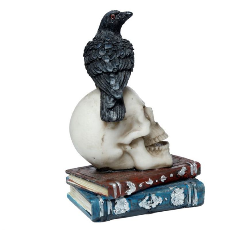 Gothic crow ornament on skull and books, 10cm tall, crafted from durable resin for unique home decor.