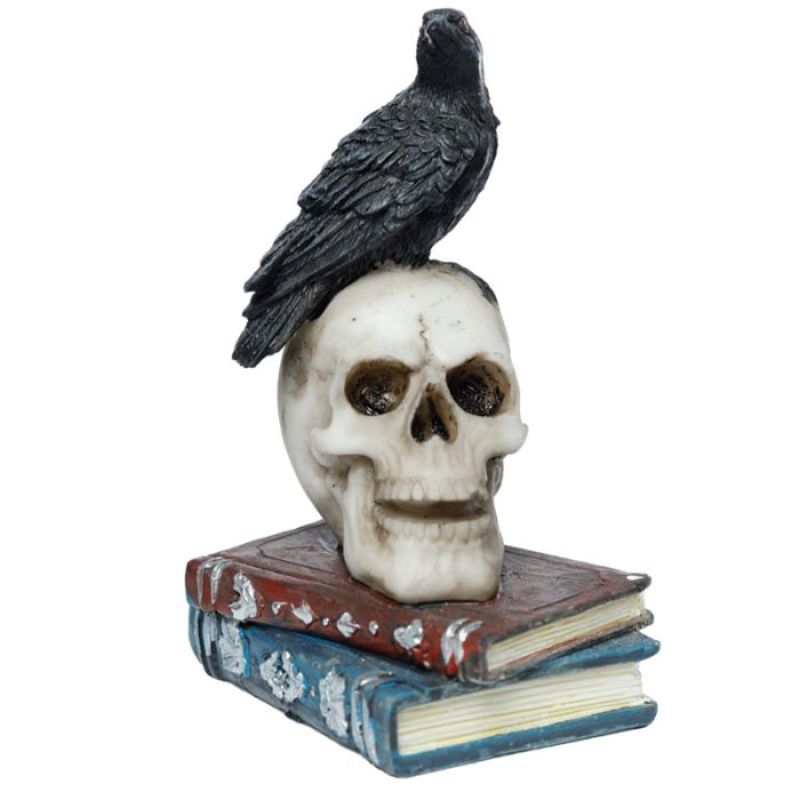 Crow ornament atop a skull and books, 10cm tall, crafted from durable resin for gothic home decor.