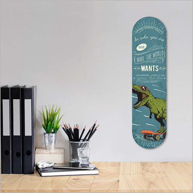 ACM Printed Skateboard Dinosaur Wall Art, 500mm, showcasing vibrant dinosaur design for unique indoor/outdoor decor.