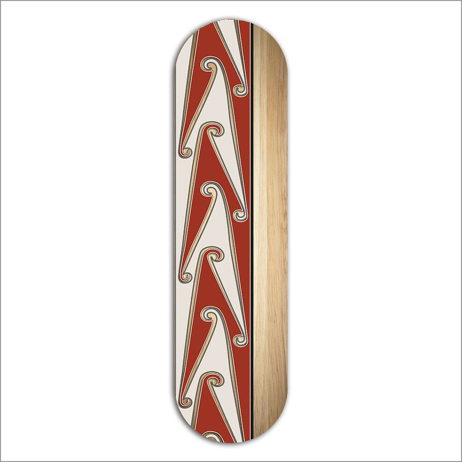 Vibrant Kowhaiwhai patterns on a lightweight ACM skateboard art piece, ideal for indoor or outdoor wall decor.