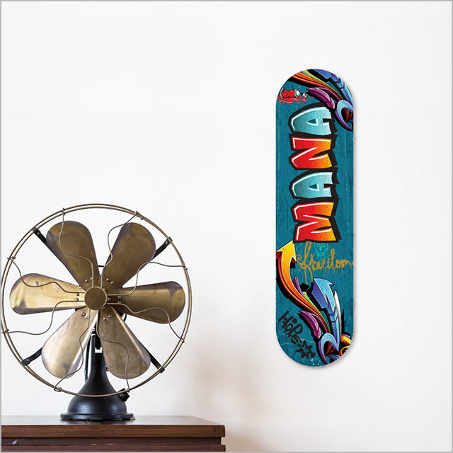 ACM Printed Skateboard Mana wall art, 500mm, vibrant design perfect for indoor/outdoor decor, ready to hang.