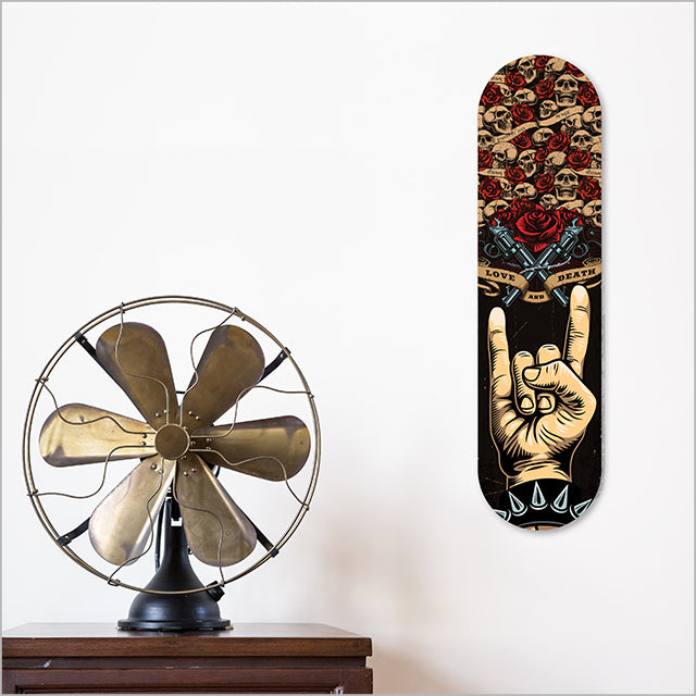 ACM Printed Skateboard Rock n Roll wall art, vibrant design for music lovers, measuring 500mm, perfect for indoor/outdoor decor.