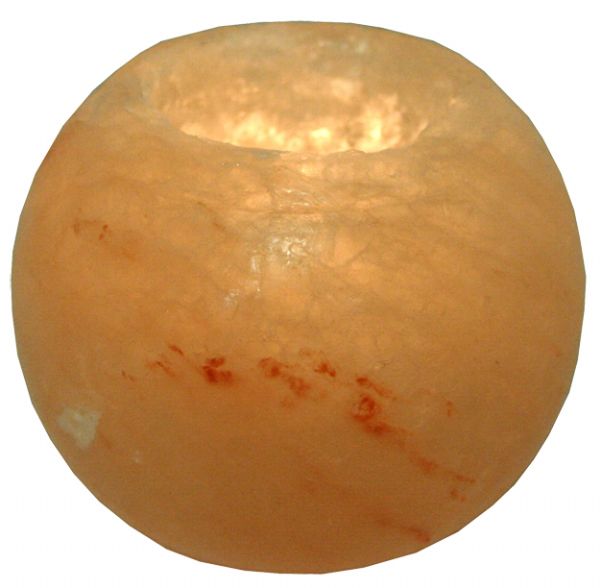 Round salt tea light holder, 80mm wide, crafted from natural salt, adds warmth and charm to any decor with a soothing glow.