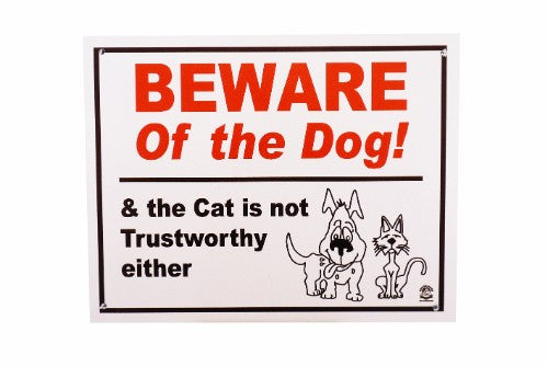 Vibrant 'Beware of The Dog & The Cat' plastic sign, 225mm x 175mm, ideal for warning visitors and durable for outdoor use.