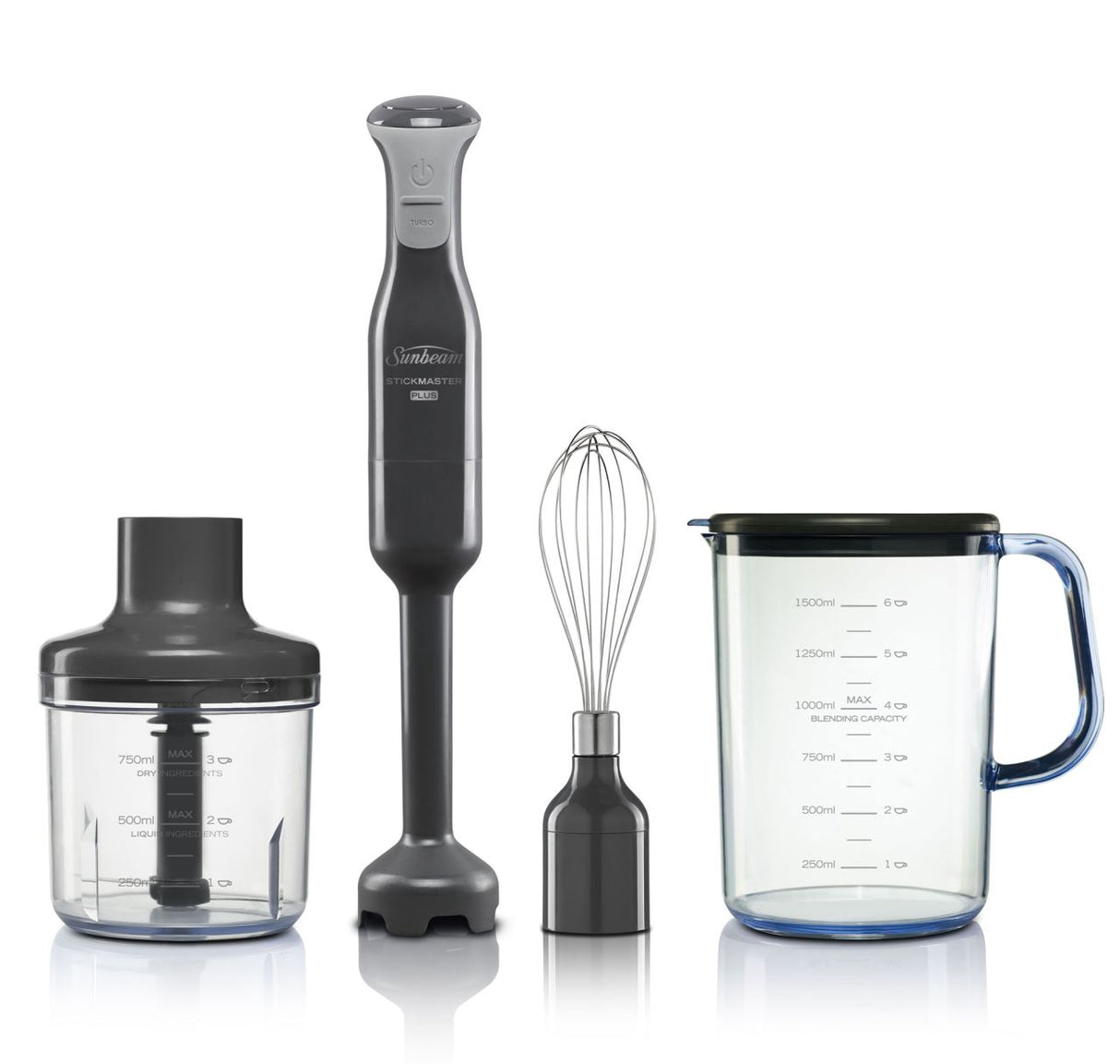 Multi-functional StickMaster Pro Sunbeam stick blender, featuring a 3 x 3 Blade System and versatile accessories for cooking.