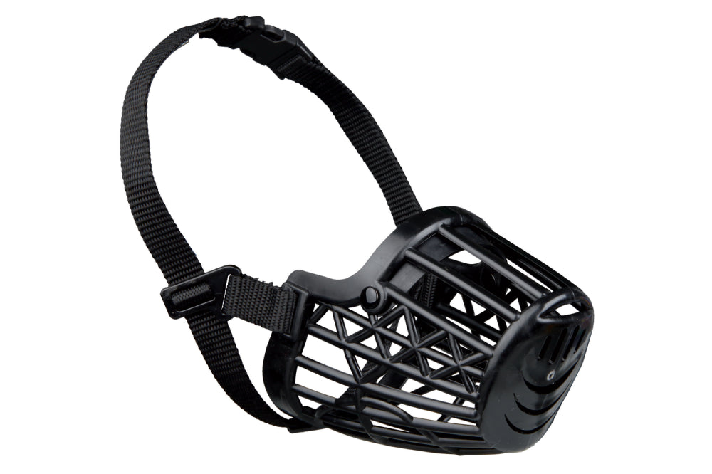 Lightweight Trixie Plastic Muzzle for small dogs, 17cm snout circumference; adjustable strap for vet visits and walks.