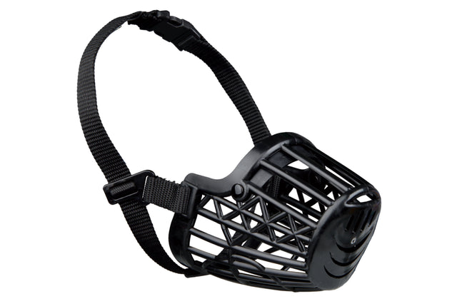 Lightweight Trixie Plastic Muzzle for small dogs, 17cm snout circumference; adjustable strap for vet visits and walks.