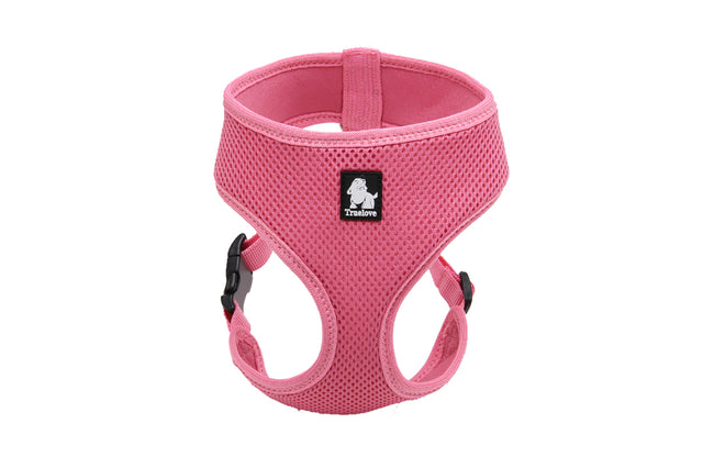 Pink large dog harness made of soft mesh for comfort, featuring adjustable straps and secure buckle lock for safety.