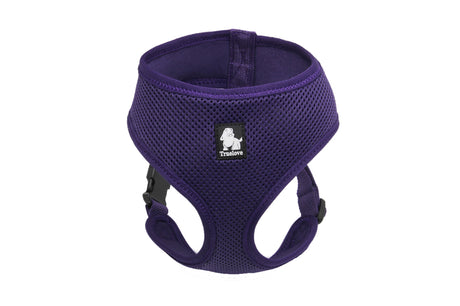 Lightweight purple dog harness for small breeds, featuring breathable mesh, adjustable straps, and a secure buckle lock.