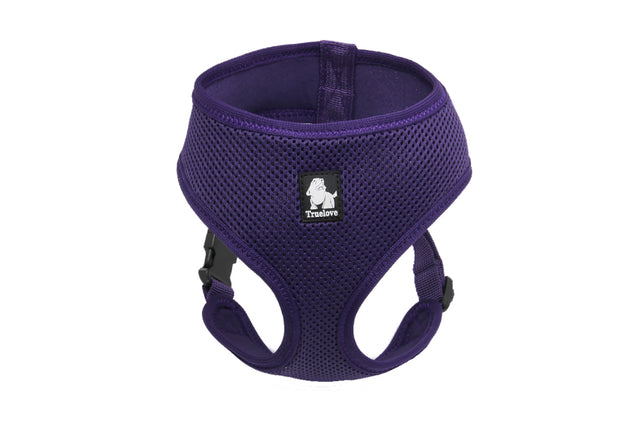 Lightweight purple dog harness for small breeds, featuring breathable mesh, adjustable straps, and a secure buckle lock.