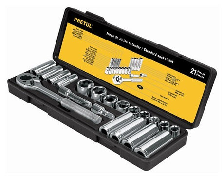 21-piece Pretul metric socket set featuring durable carbon steel, chrome finish, extensions, and organized in a plastic case.