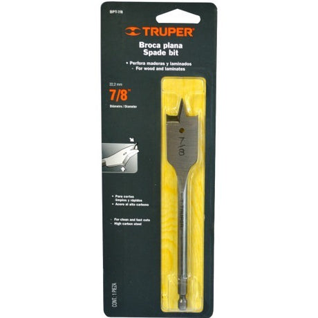 High carbon steel Spade Bit Truper 7/8" with guide tip, hex shaft, and blued finish for durable, precise drilling.