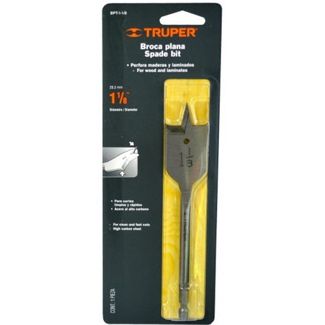 High carbon steel spade bit, 1-1/8" (28mm) size, featuring a hex shaft, guide tip, and dual hawks for clean, accurate drilling.