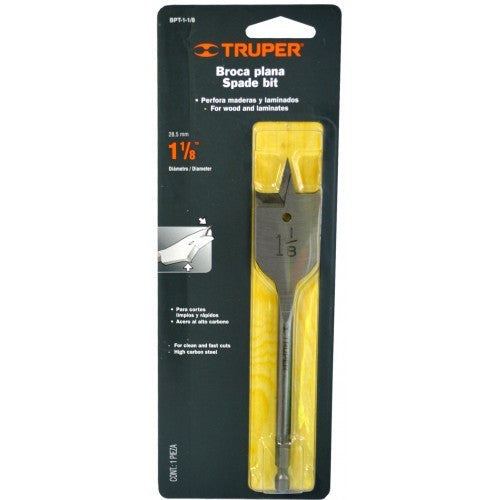 High carbon steel spade bit, 1-1/8" (28mm) size, featuring a hex shaft, guide tip, and dual hawks for clean, accurate drilling.