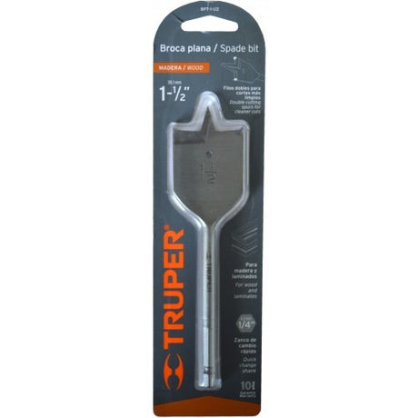 Spade Bit Truper 1-1/2" (38mm) for precise drilling, forged high carbon steel, hex shaft, dual hawks, fast cuts, blued finish.