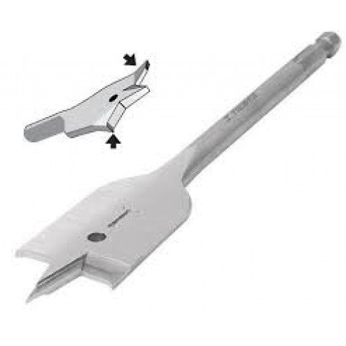 High carbon steel Spade Bit Truper 1-1/8" (28mm) with guide tip, hex shaft, and angled edges for precision drilling.