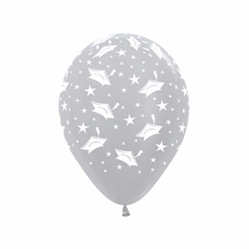 Metallic silver balloons featuring graduation hats and stars, perfect for adding elegance to your graduation celebration. Pack of 12.