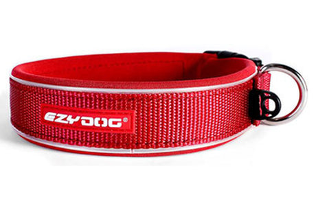 EzyDog Neo XL Dog Collar in Red, waterproof, soft neoprene, reflective, stainless steel D-Ring for large breeds.