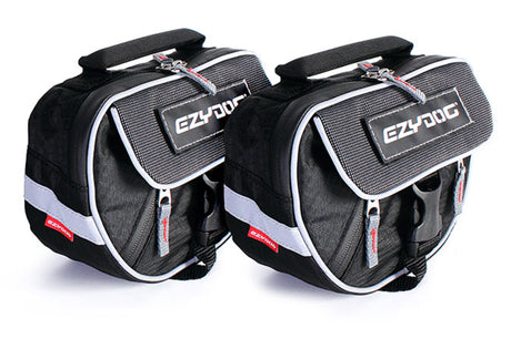 EzyDog Convert Saddle Bags S/M for dogs, featuring waterproof zips, reflective trim, and versatile storage for outdoor adventures.