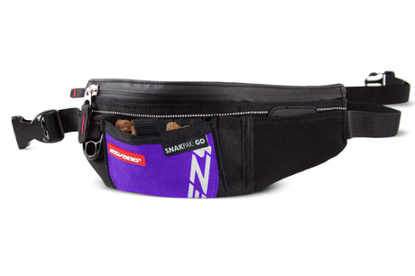 Lightweight purple treat belt with magnetic treat pocket, water-resistant storage, and poop bag dispenser for dog owners.