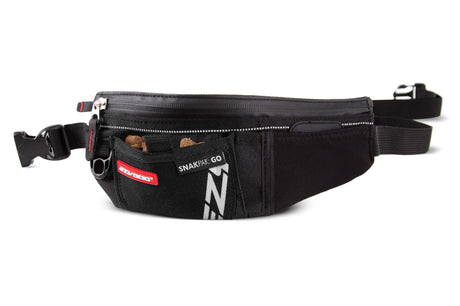Black EzyDog SnakPak GO treat belt with pockets for treats, essentials, and poop bags; features adjustable waist.