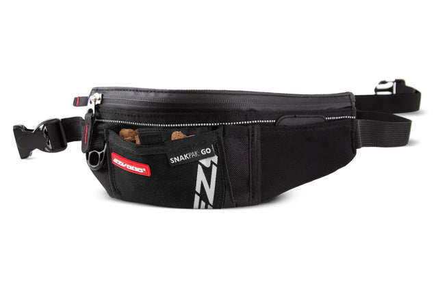 Black EzyDog SnakPak GO treat belt with pockets for treats, essentials, and poop bags; features adjustable waist.