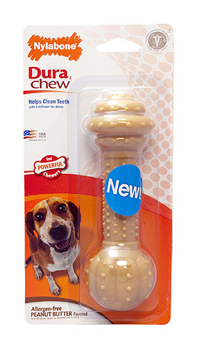 Durachew Barbell in peanut butter flavor for powerful chewers, cleans teeth, and discourages destructive chewing.