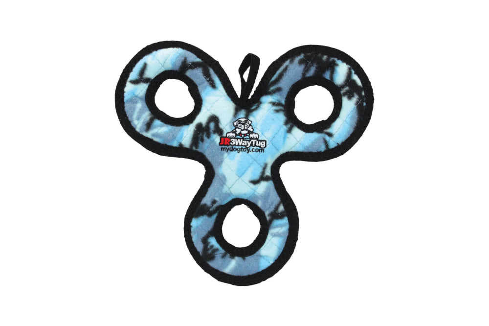 Durable Tuffy Junior 3 Way Tug in Camo Blue, 26cm, with squeaker, floats, washable, safe for teeth and gums.