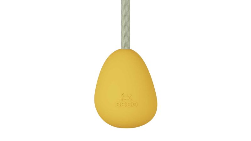 Vibrant yellow Beco Slinger Pebble dog toy, made of eco-friendly rubber and tough rope, perfect for fetch and tug.