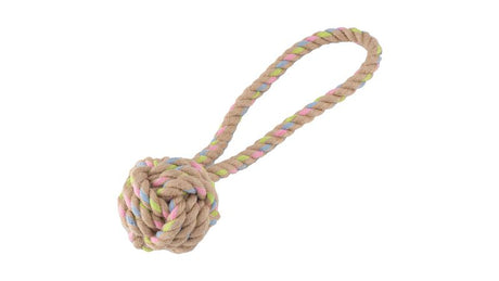 Eco-friendly large hemp rope ball dog toy with loop for tugging, fetching, and natural teeth cleaning. Sustainable playtime fun!