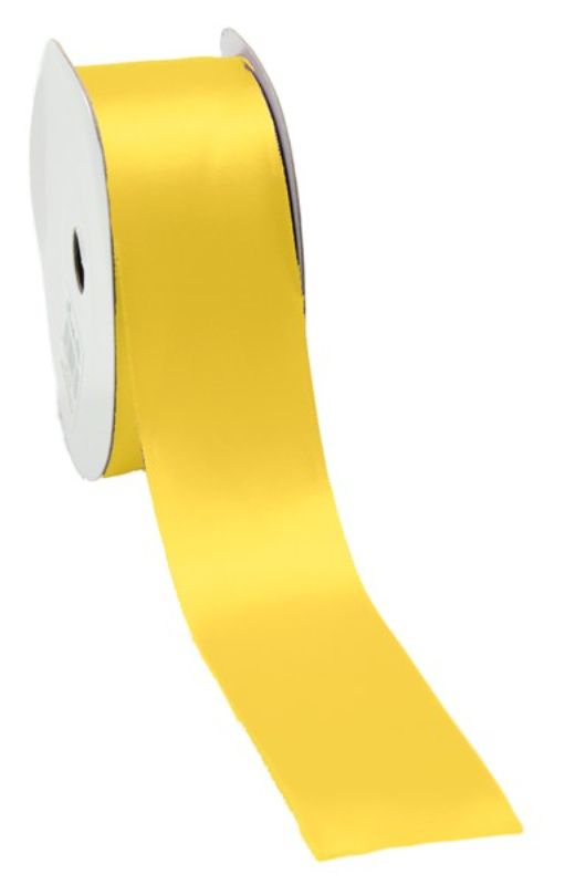 Bright lemon satin ribbon, 38mm wide by 25m long, perfect for crafting, gift wrapping, and decor with a luxurious finish.