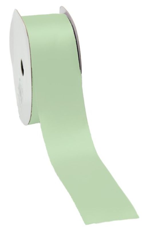 Soft mint satin ribbon, 38mm wide and 25m long, perfect for elegant gift wrapping and floral arrangements.