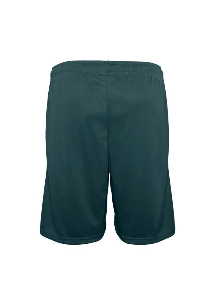 Kids Biz Cool™ Shorts in forest green, size 12, featuring breathable mesh, elastic waist, side pockets, and flexible design.