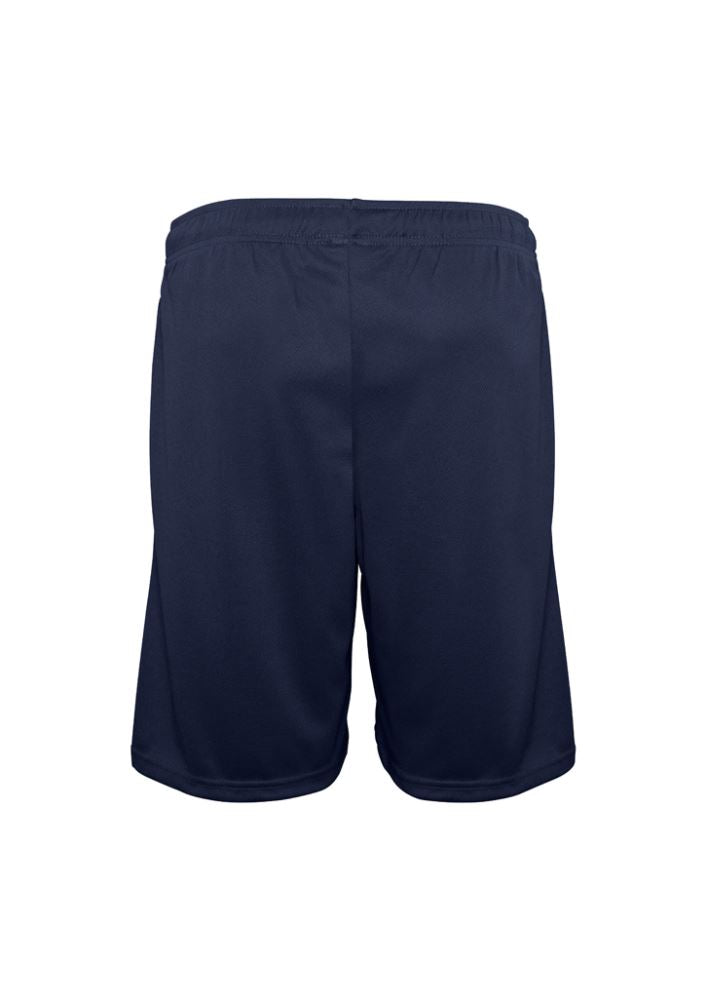 Kids Biz Cool™ Shorts in navy, size 10, featuring breathable mesh fabric, elastic waist, side pockets, and stylish side splits.