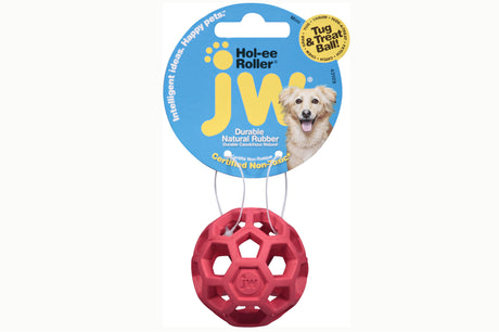 Durable JW Hol-ee Roller - Mini, a rubber dog toy that dispenses treats for interactive play and healthy chewing habits.