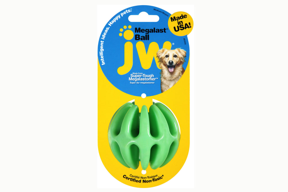 Durable medium-sized dog toy ball made of eco-friendly Megalastomer, buoyant and infused with vanilla aroma.