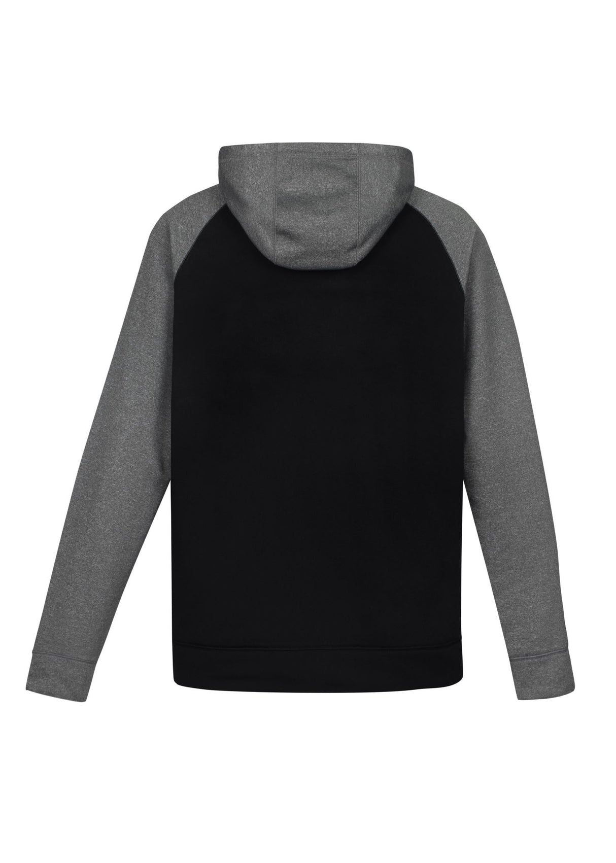 Kids Hype Two Tone Hoodie in Black/Grey Marle, featuring a cozy kangaroo pocket and raglan sleeves, perfect for active wear.