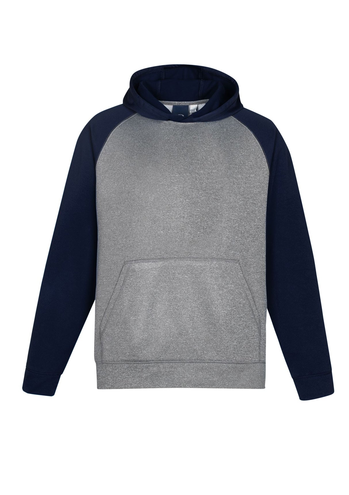 Kids Hype Two Tone Hoodie in grey marle and navy, featuring a kangaroo pocket and no hood drawstring for safety.