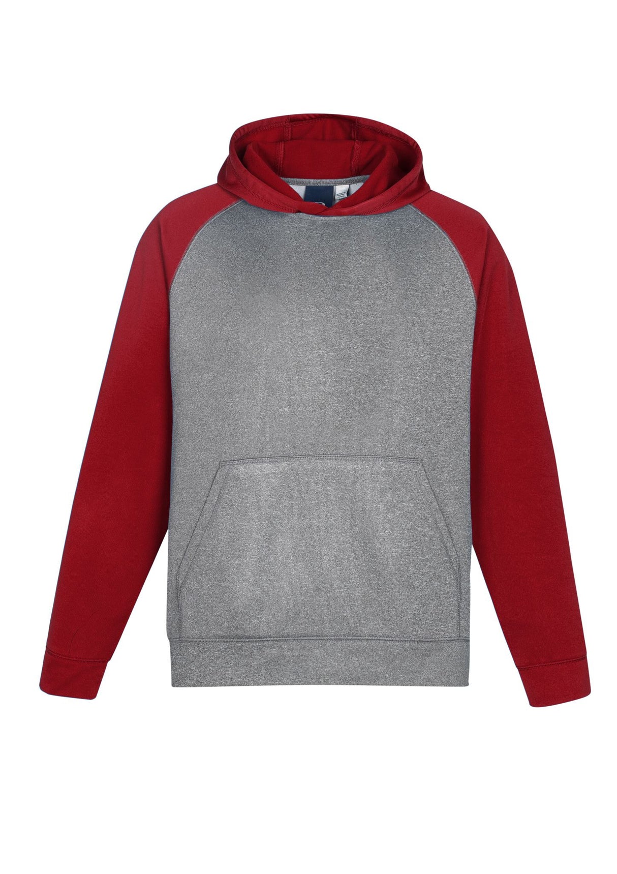 Kids Hype Two Tone Hoodie in grey marle and red, featuring raglan sleeves and a kangaroo pocket for active kids.