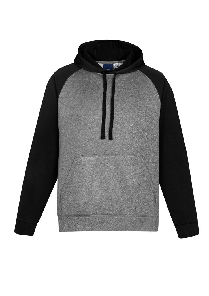 Men's two-tone hoodie in grey marle and black, featuring raglan sleeves, front pocket, and made from durable polyester fleece.
