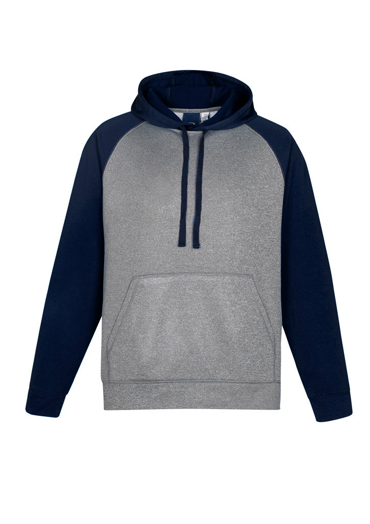 Men's Hype Two Tone Hoodie in Grey Marle/Navy, featuring raglan sleeves, kangaroo pocket, and lightweight polyester fleece.