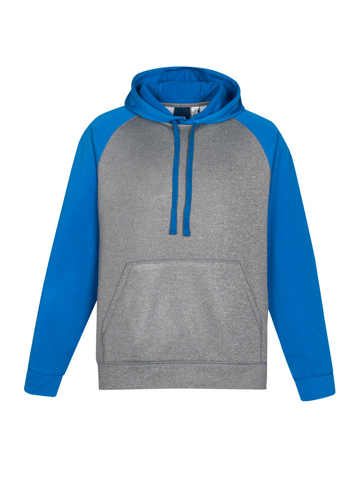 Men's grey marle and royal two-tone hoodie with raglan sleeves, kangaroo pocket, and lightweight fleece fabric for comfort.