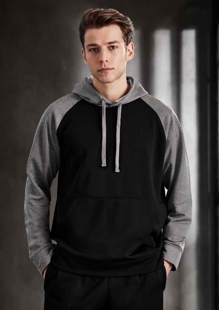 Men's two-tone hoodie in grey marle and navy with raglan sleeves and a kangaroo pocket, perfect for casual and active wear.