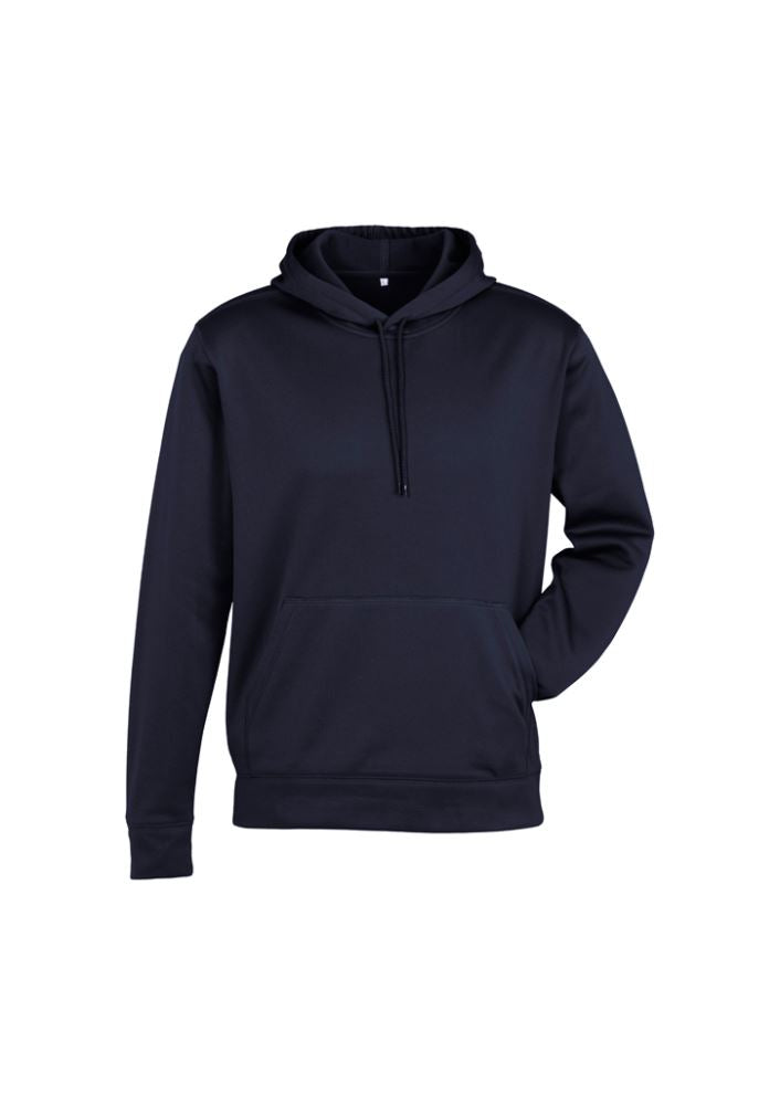 Men's navy pull-on hoodie from Biz Collection in size S, featuring polyester fleece, kangaroo pocket, and relaxed fit.